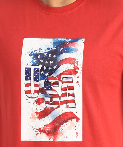 Crew Neck Short Sleeve Graphic T-shirt - Flag Print - Toreador Red