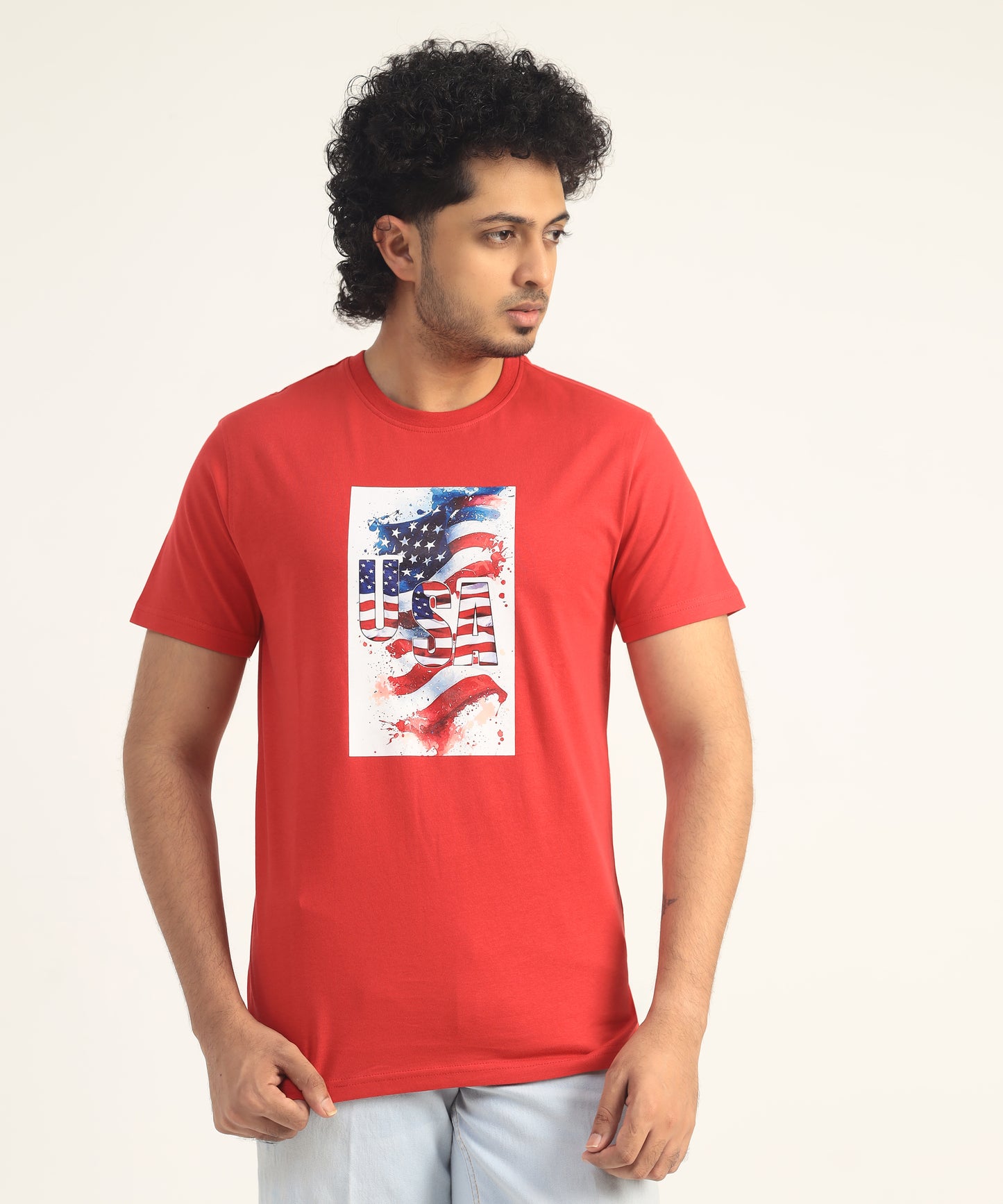 Crew Neck Short Sleeve Graphic T-shirt - Flag Print - Toreador Red