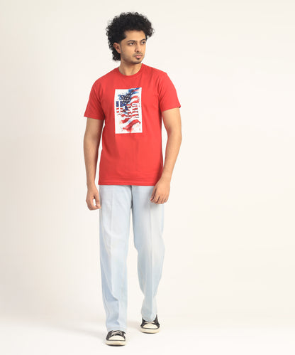 Crew Neck Short Sleeve Graphic T-shirt - Flag Print - Toreador Red