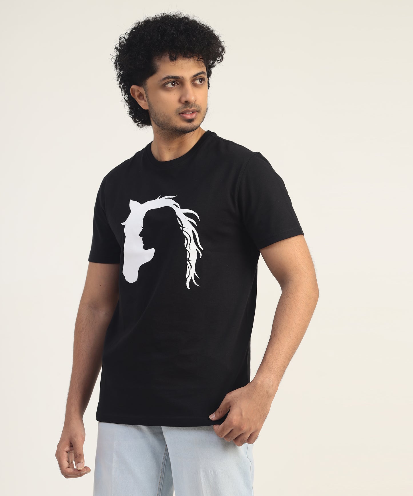 Crew Neck Short Sleeve Graphic T-shirt - Horse Print - Black