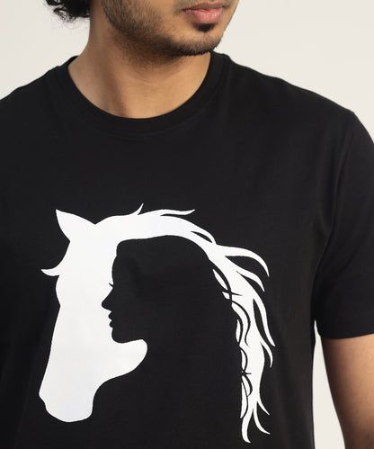 Crew Neck Short Sleeve Graphic T-shirt - Horse Print - Black