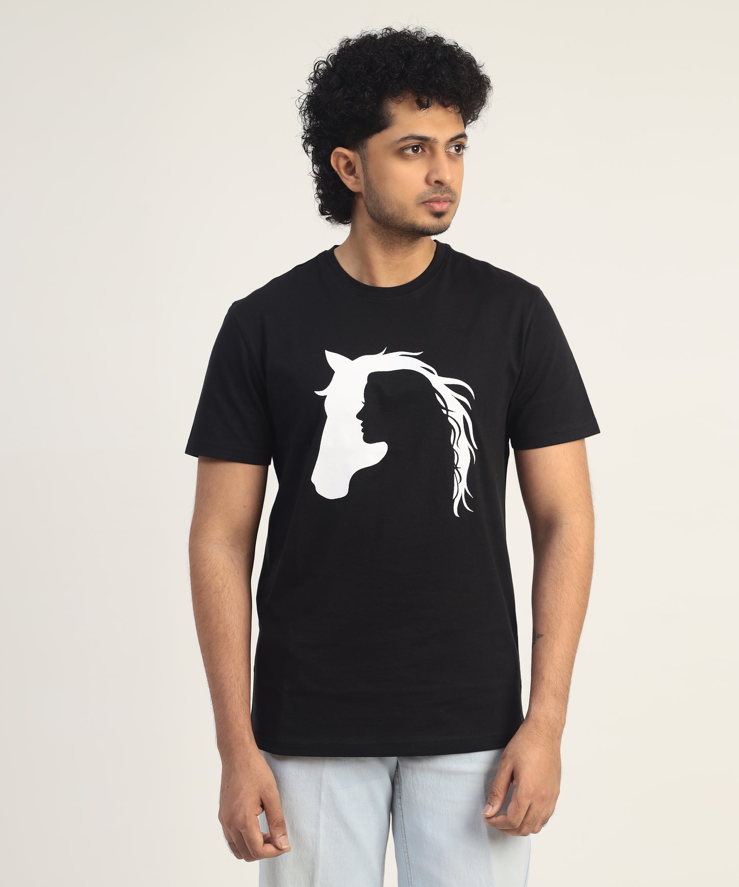 Crew Neck Short Sleeve Graphic T-shirt - Horse Print - Black