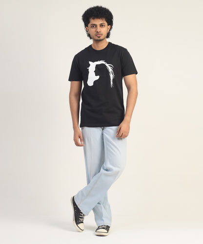 Crew Neck Short Sleeve Graphic T-shirt - Horse Print - Black