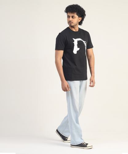 Crew Neck Short Sleeve Graphic T-shirt - Horse Print - Black