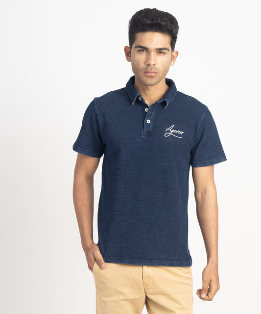 Men's Flat Knit Collar Denim Polo Shirt